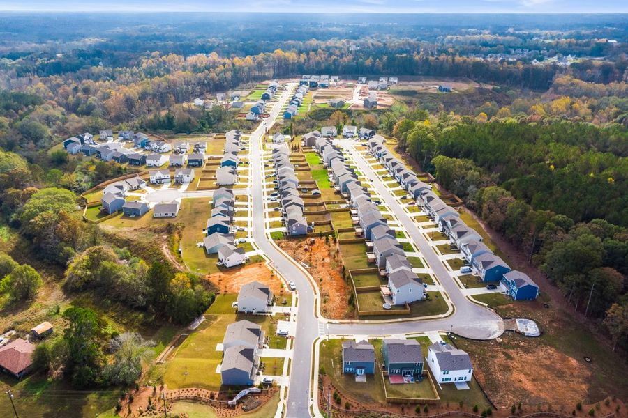 Aerial view of the Crossvine Estates community in Hoschton, GA, showing layout and nearby surroundings (Image 12).