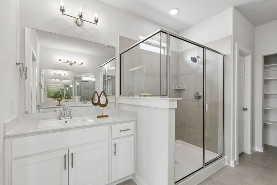 Primary Bathroom in a Madero New Winters Model in Haslet TX by Trophy Signature Homes