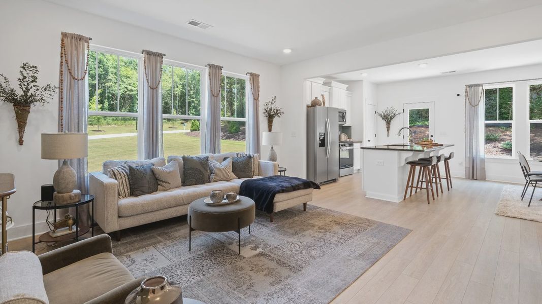 Cozy, inviting family room with elevated ceilings and large windows in two story townhome at Tyger Ridge in Spartanburg, SC Cozy, inviting family room with elevated ceilings and large windows in two story townhome at Tyger Ridge in Spartanburg, SC