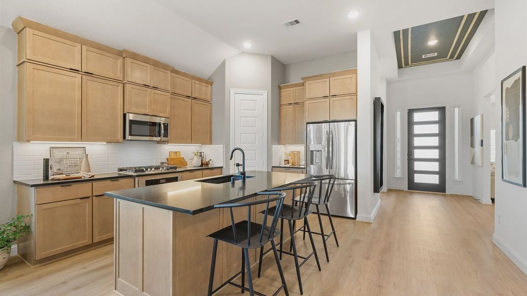 Premium light wood cabinetry and sleek black countertops in Southern Pointe. Elegant entrance, stainless steel accents.