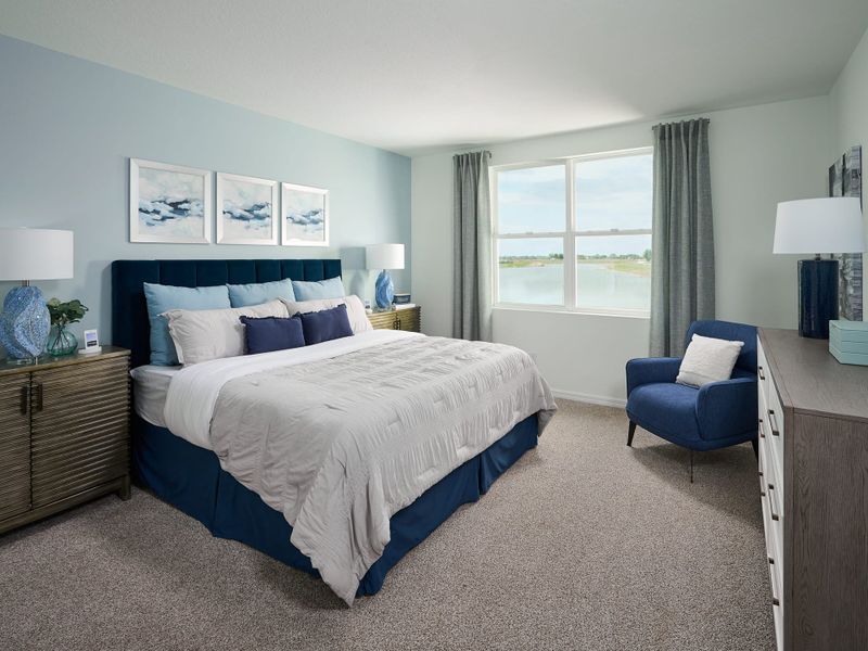Primary bedroom in Hibiscus floorplan modeled at The Reserve at Twin Lakes