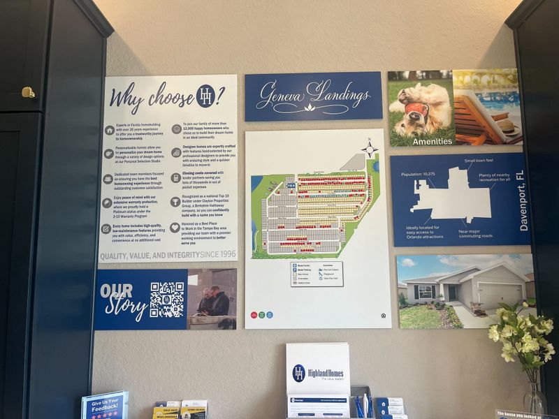 A display showcasing amenities and a layout map for Geneva Landings in Davenport, FL by Highland Homes of Florida.