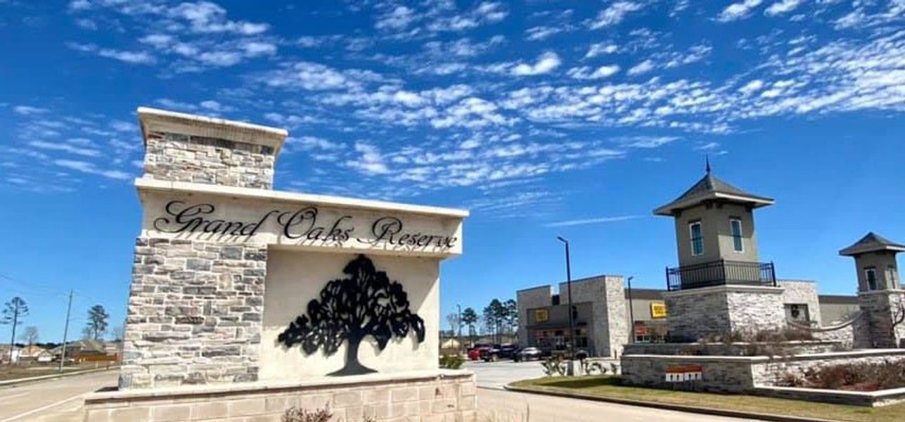 Entrance to the Grand Oaks Reserve community in Cleveland, TX, featuring signage and landscaping (Image 2). Entrance to the Grand Oaks Reserve community in Cleveland, TX, featuring signage and landscaping (Image 2).