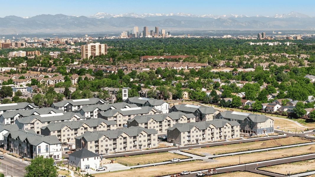 Aerial view of the Arcadia community in Denver, CO, showing layout and nearby surroundings (Image 1). Aerial view of the Arcadia community in Denver, CO, showing layout and nearby surroundings (Image 1).