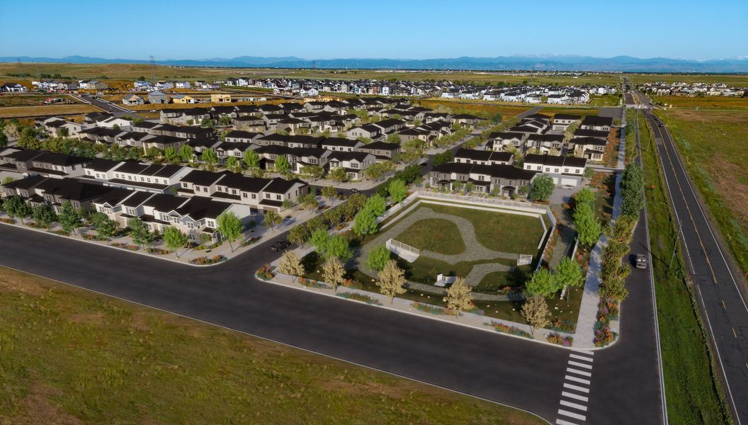 Aerial view of the Harvest Crossing community in Aurora, CO, showing layout and nearby surroundings (Image 1). Aerial view of the Harvest Crossing community in Aurora, CO, showing layout and nearby surroundings (Image 1).