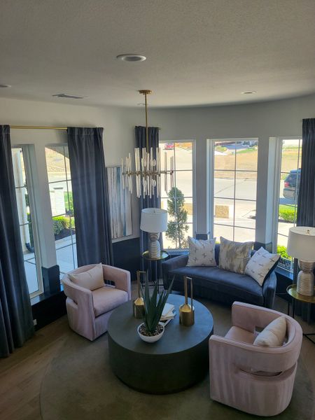A chic living area with curved sofas, elegant chairs, and a modern chandelier, featuring large windows and stylish decor.