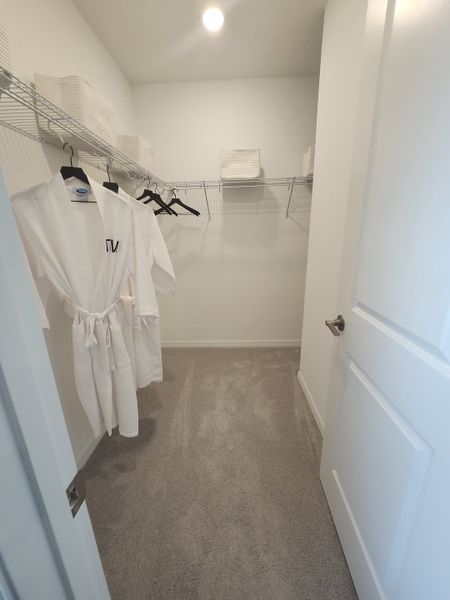 A spacious walk-in closet with carpet flooring, wire shelving, and ample storage.
