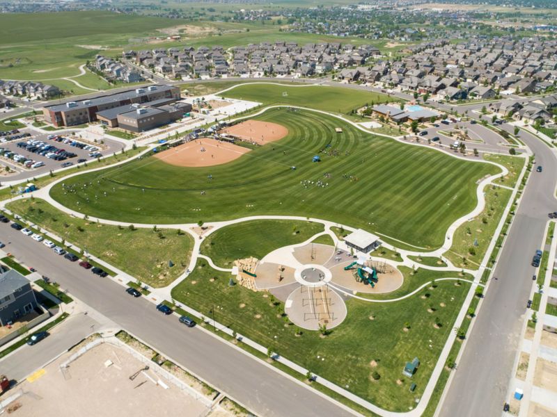 Aerial view of the Erie Highlands community in Erie, CO, showing layout and nearby surroundings (Image 9).