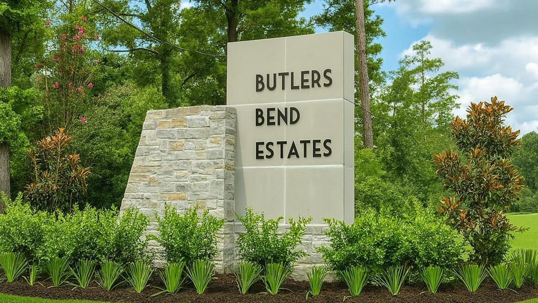 Entrance to the Butlers Bend Estates community in Pinehurst, TX, featuring signage and landscaping (Image 1). Entrance to the Butlers Bend Estates community in Pinehurst, TX, featuring signage and landscaping (Image 1).