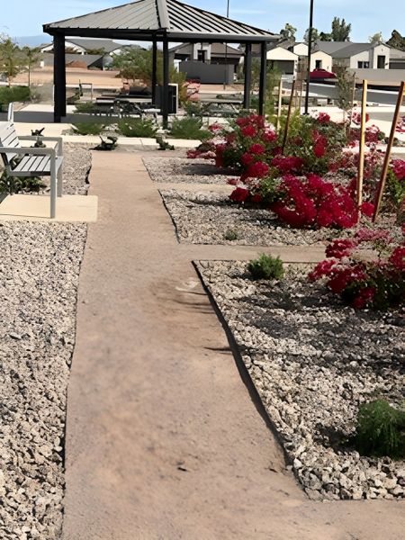 A scenic path with lush landscaping and a modern gazebo in Edgewood Estates by K. Hovnanian® Homes (Queen Creek, AZ).