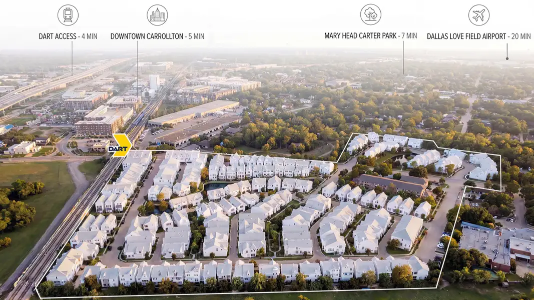 Aerial view of the Carroll Crest community in Dallas, TX, showing layout and nearby surroundings (Image 1). Aerial view of the Carroll Crest community in Dallas, TX, showing layout and nearby surroundings (Image 1).