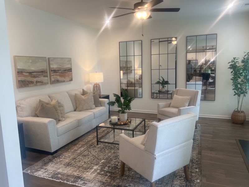 A cozy living room with a plush sofa, elegant mirrors, and stylish decor on a patterned rug. A cozy living room with a plush sofa, elegant mirrors, and stylish decor on a patterned rug.