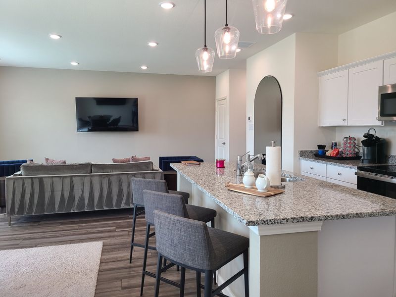 A modern open-concept living area with granite countertops, sleek barstools, and cozy seating.