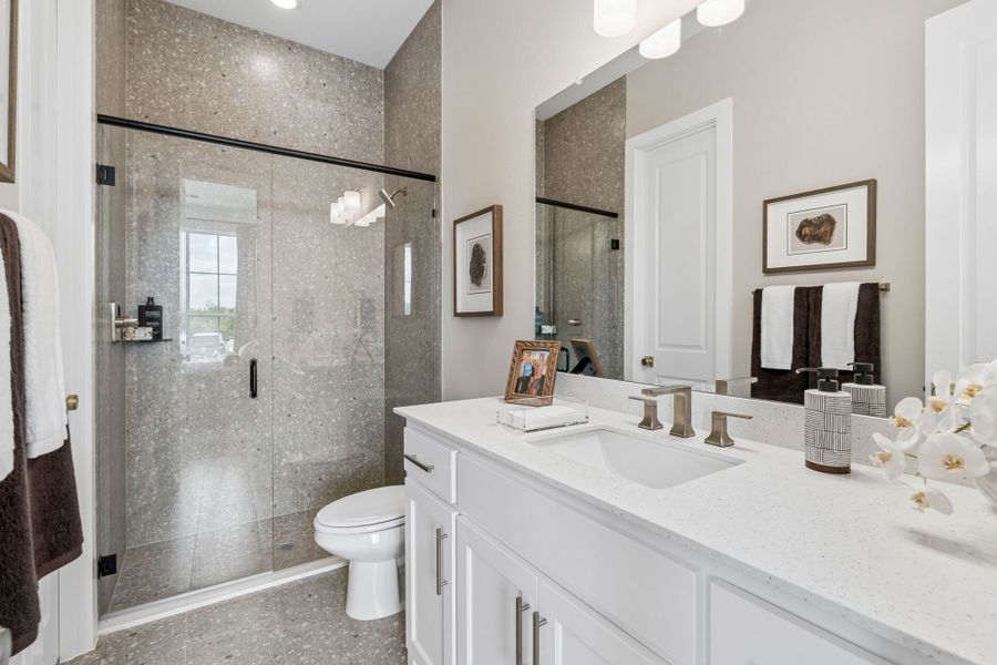 Modern Secondary Bath with Glass-Enclosed Shower Modern Secondary Bath with Glass-Enclosed Shower