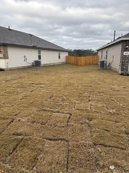 Newly sodded spacious backyard in Riverstone at Westpointe by D.R. Horton, San Antonio, TX, flanked by modern homes.