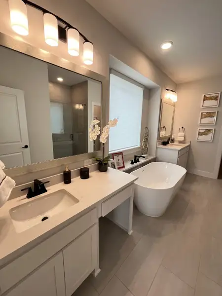 A modern bathroom featuring a sleek freestanding tub, elegant lighting, and a spacious vanity with stylish fixtures. A modern bathroom featuring a sleek freestanding tub, elegant lighting, and a spacious vanity with stylish fixtures.