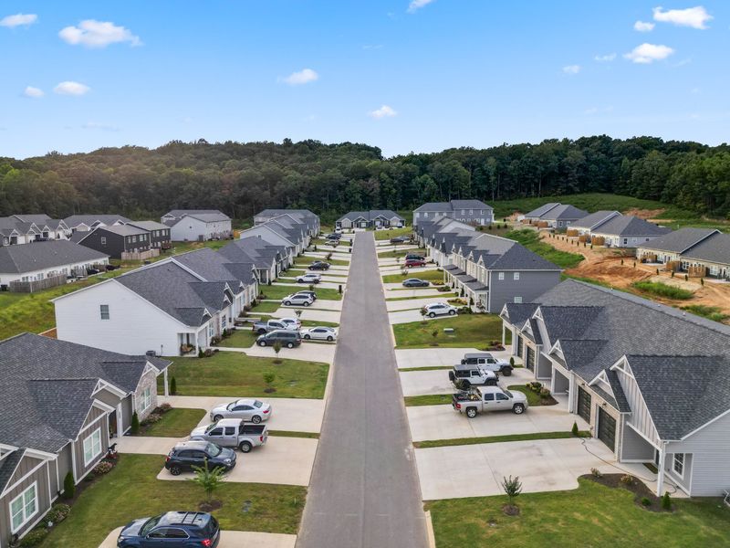 Aerial view of the Bellingham Townhomes community in Cleveland, TN, showing layout and nearby surroundings (Image 13).