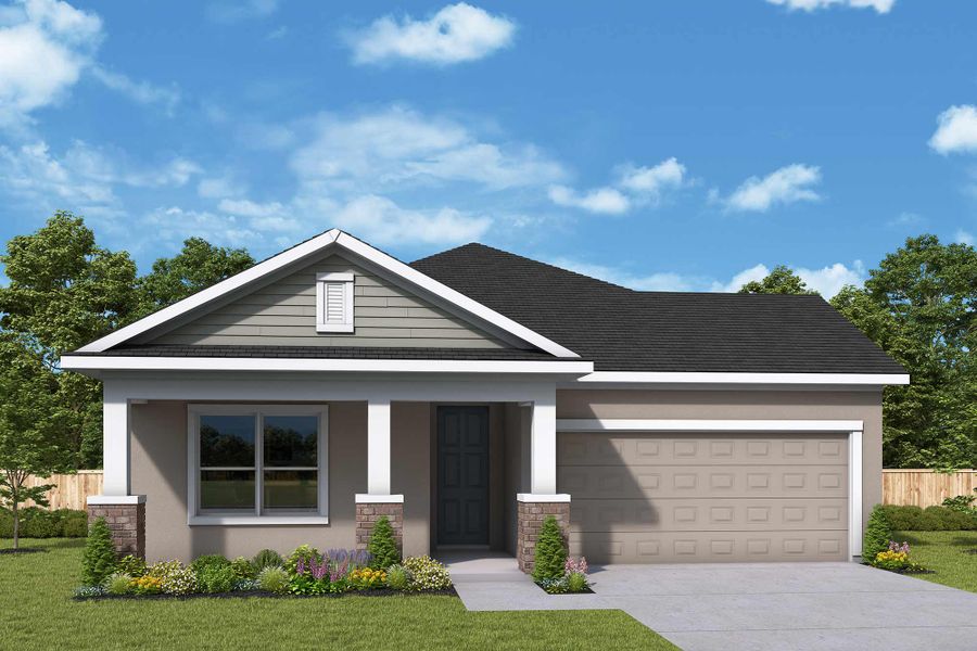 Front exterior of a home in the Palmeras at Crossprairie – The Grove Collection community, located in St. Cloud, FL (Image 4).