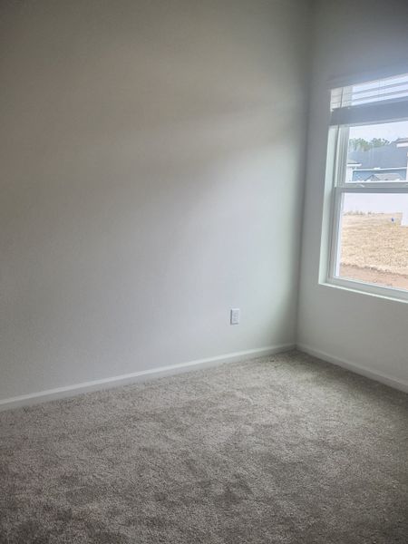 A bright room with neutral carpeting and a large window for natural light.