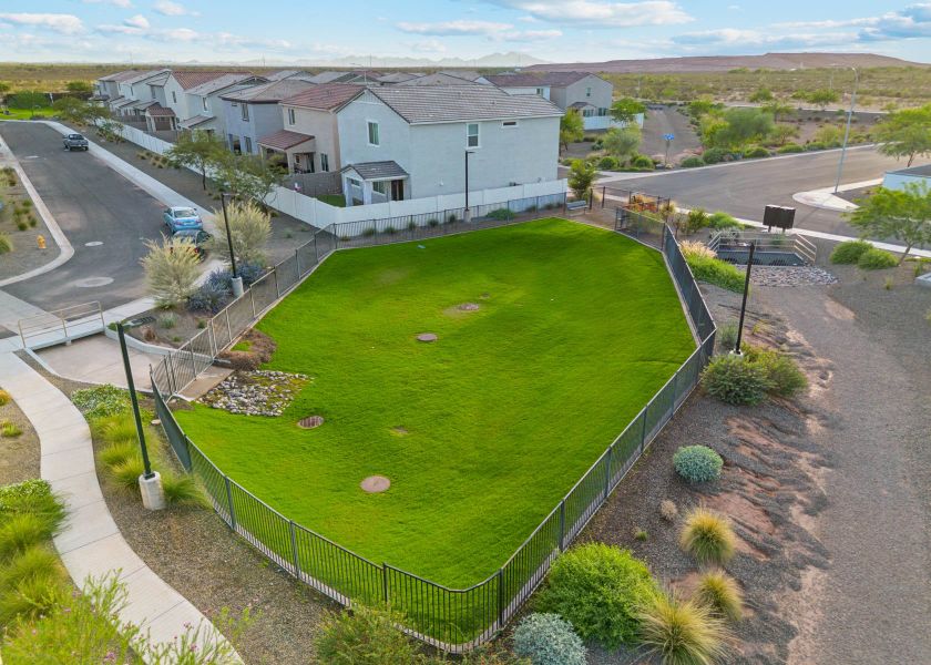 A fenced in yard with houses in the background. A fenced in yard with houses in the background.