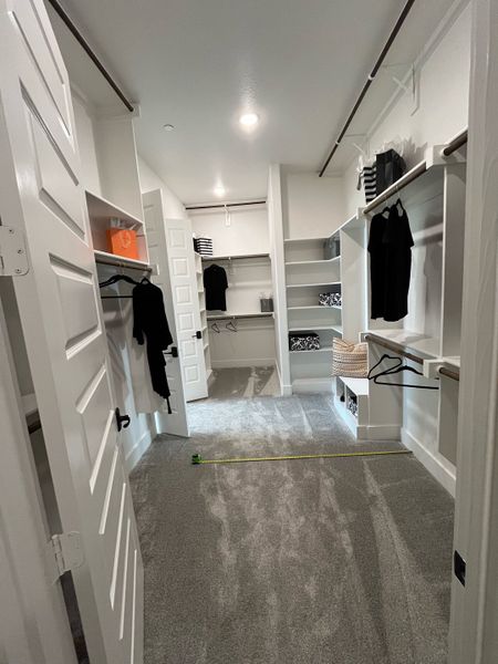 A spacious walk-in closet with plush carpeting, ample shelving, and bright lighting for organized storage.