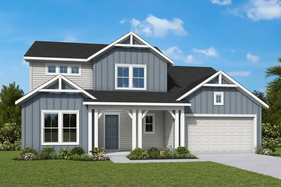 Front exterior of a home in the Sagebrush at EverRange – Executive Collection community, located in Jacksonville, FL (Image 4). Front exterior of a home in the Sagebrush at EverRange – Executive Collection community, located in Jacksonville, FL (Image 4).