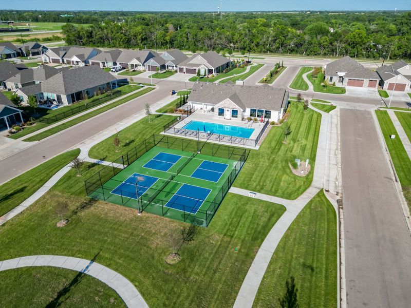 Aerial view of the The Courtyards at The Heritage community in Andover, KS, showing layout and nearby surroundings (Image 23). Aerial view of the The Courtyards at The Heritage community in Andover, KS, showing layout and nearby surroundings (Image 23).