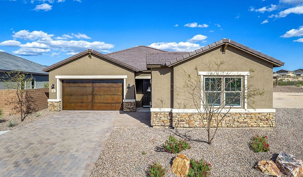 Front exterior of a home in the Sky Village at Rocking K community, located in Tucson, AZ (Image 1).