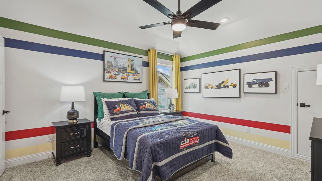 Elegant kid's room with bold stripes and custom construction-themed accents in Green Meadows. Elegant kid's room with bold stripes and custom construction-themed accents in Green Meadows.