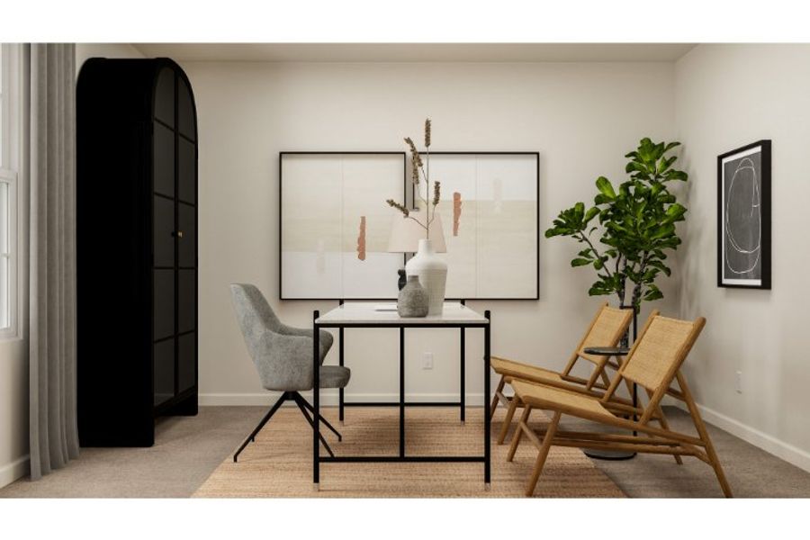 A room with a table chairs and a plant.