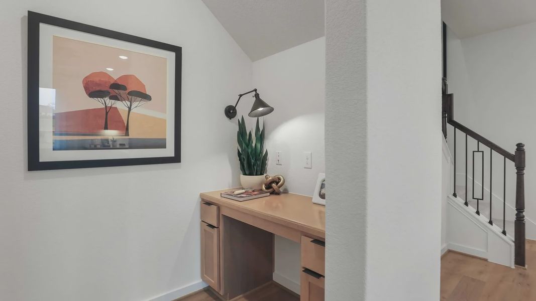 Chic study nook featuring elegant wood and modern accents in Mostyn Springs. Chic study nook featuring elegant wood and modern accents in Mostyn Springs.