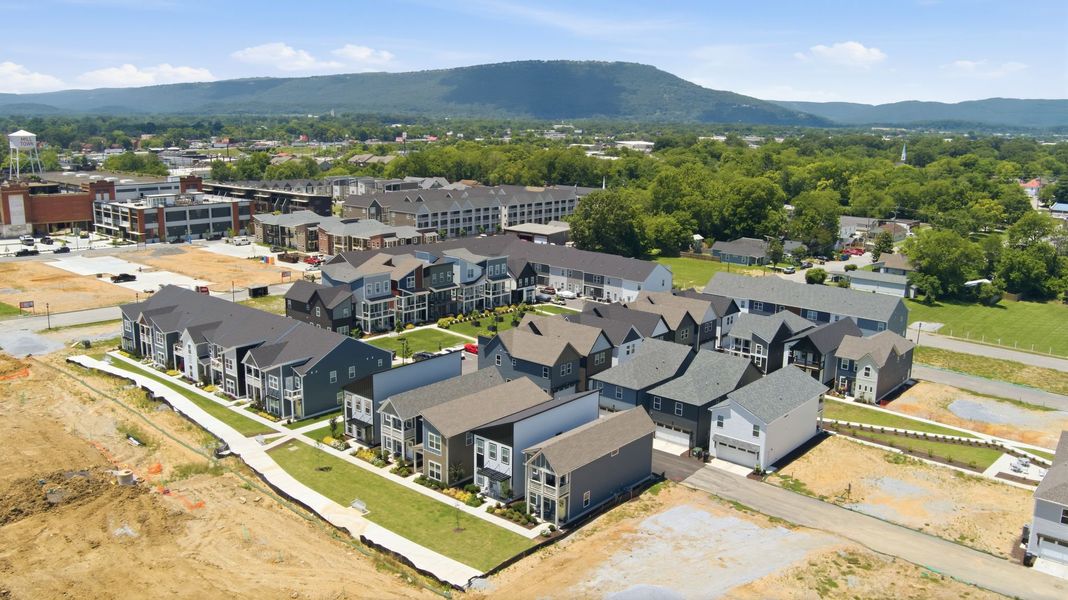 Aerial view of The Parks of Mill Town, a new home community located near downtown Chattanooga, Tennessee.