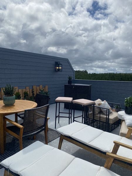 A cozy rooftop patio with cushioned seating, wooden dining set, and lush greenery under a cloudy sky. A cozy rooftop patio with cushioned seating, wooden dining set, and lush greenery under a cloudy sky.