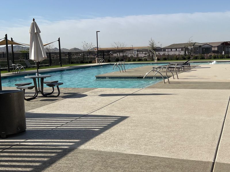 A luxurious pool area with shaded seating and sleek design in Avion: Arbor by Lennar (Goodyear, AZ).