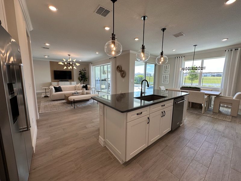 A spacious open-concept living area with sleek kitchen island, hardwood floors, and elegant lighting.