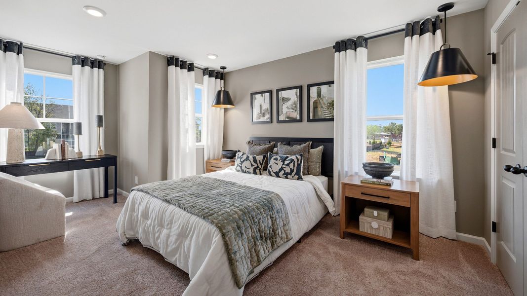 Secondary bedroom with bright natural lighting from windows, carpet, and closet