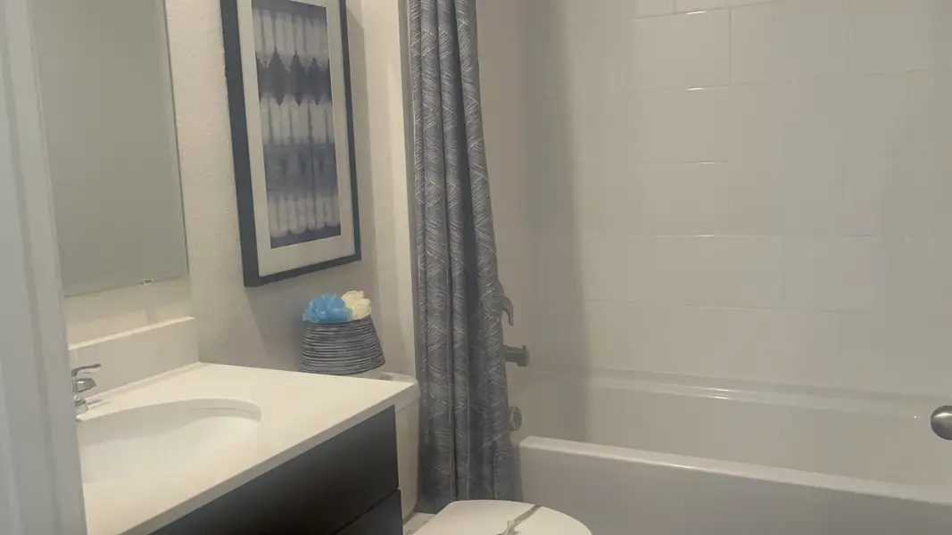 A modern bathroom featuring a sleek vanity, patterned shower curtain, and elegant wall art.