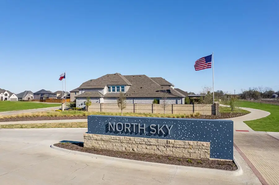 Entrance to the North Sky Celina community in Celina, TX, featuring signage and landscaping (Image 2). Entrance to the North Sky Celina community in Celina, TX, featuring signage and landscaping (Image 2).