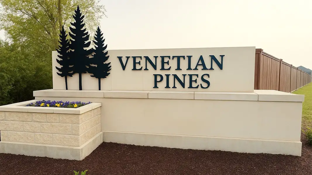 Entrance to the Venetian Pines community in Conroe, TX, featuring signage and landscaping (Image 1).