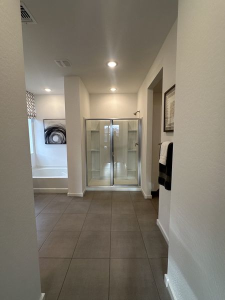 A sleek hallway leading to a glass-enclosed shower, with modern decor and recessed lighting.