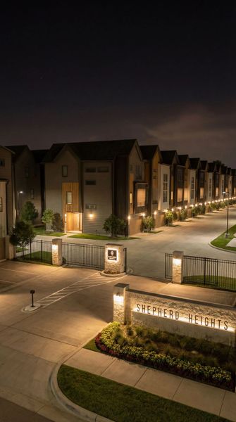 Entrance to the Shepherd Heights community in Houston, TX, featuring signage and landscaping (Image 1). Entrance to the Shepherd Heights community in Houston, TX, featuring signage and landscaping (Image 1).