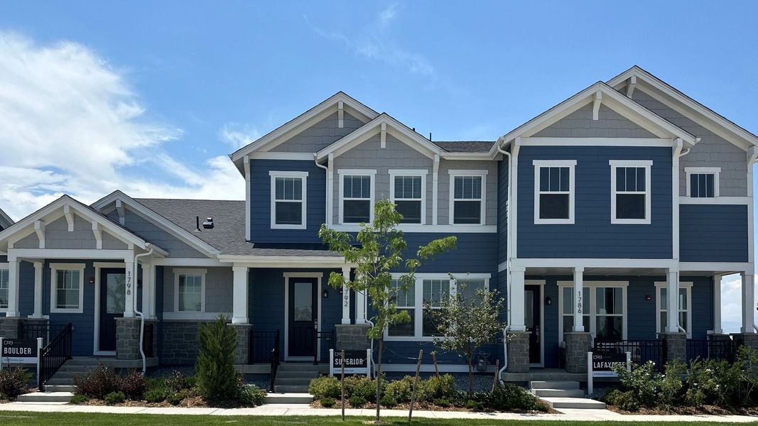 Front exterior of a home in the Westerly - Townhomes community, located in Erie, CO (Image 1). Front exterior of a home in the Westerly - Townhomes community, located in Erie, CO (Image 1).