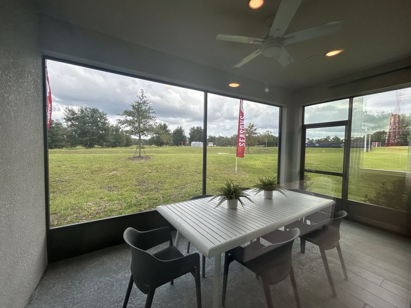 A cozy screened-in patio with a dining table and chairs, offering a serene view of a lush green field. A cozy screened-in patio with a dining table and chairs, offering a serene view of a lush green field.