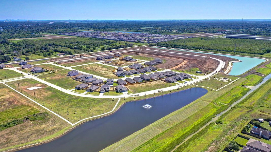 Aerial view of the Trails at Woodhaven Lakes 45's community in La Marque, TX, showing layout and nearby surroundings (Image 8). Aerial view of the Trails at Woodhaven Lakes 45's community in La Marque, TX, showing layout and nearby surroundings (Image 8).