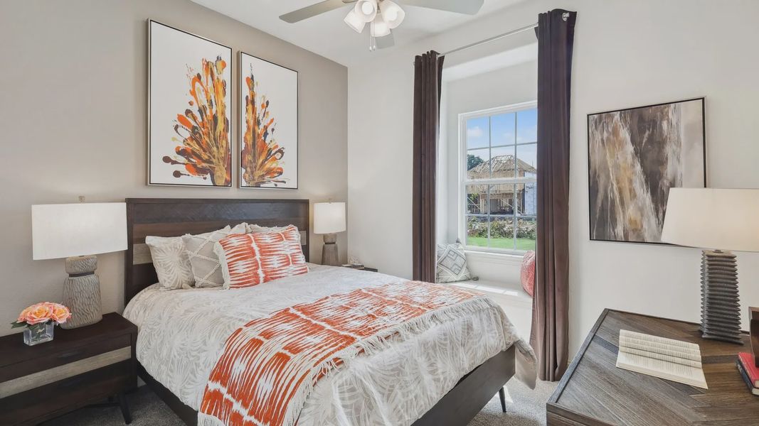 Sophisticated Heritage Park bedroom with chic artwork, large window, and premium wood textures.