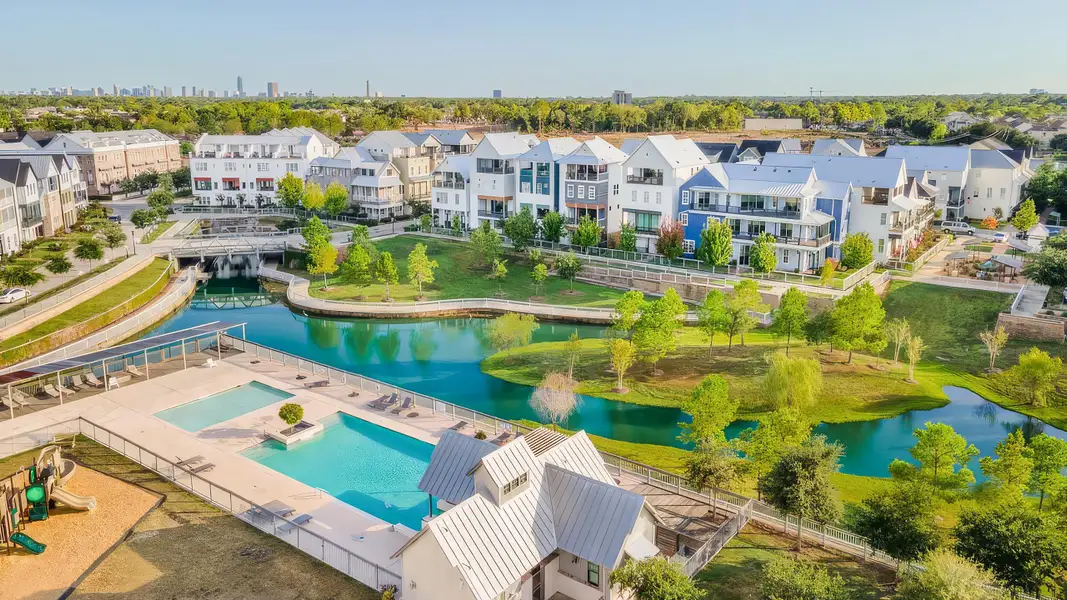 Aerial view of the Kolbe Farms community in Houston, TX, showing layout and nearby surroundings (Image 1). Aerial view of the Kolbe Farms community in Houston, TX, showing layout and nearby surroundings (Image 1).