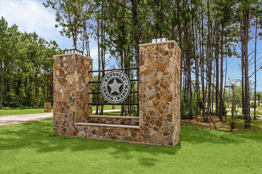 Entrance to the Republic Grand Ranch community in Willis, TX, featuring signage and landscaping (Image 1). Entrance to the Republic Grand Ranch community in Willis, TX, featuring signage and landscaping (Image 1).