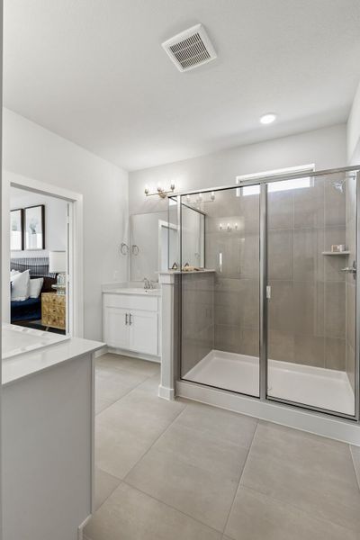 Primary Bathroom in a Madero New Winters Model in Haslet TX by Trophy Signature Homes