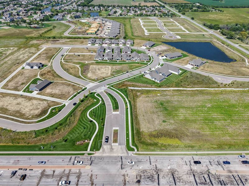 Aerial view of the The Courtyards at Cornerstone community in Andover, KS, showing layout and nearby surroundings (Image 4). Aerial view of the The Courtyards at Cornerstone community in Andover, KS, showing layout and nearby surroundings (Image 4).