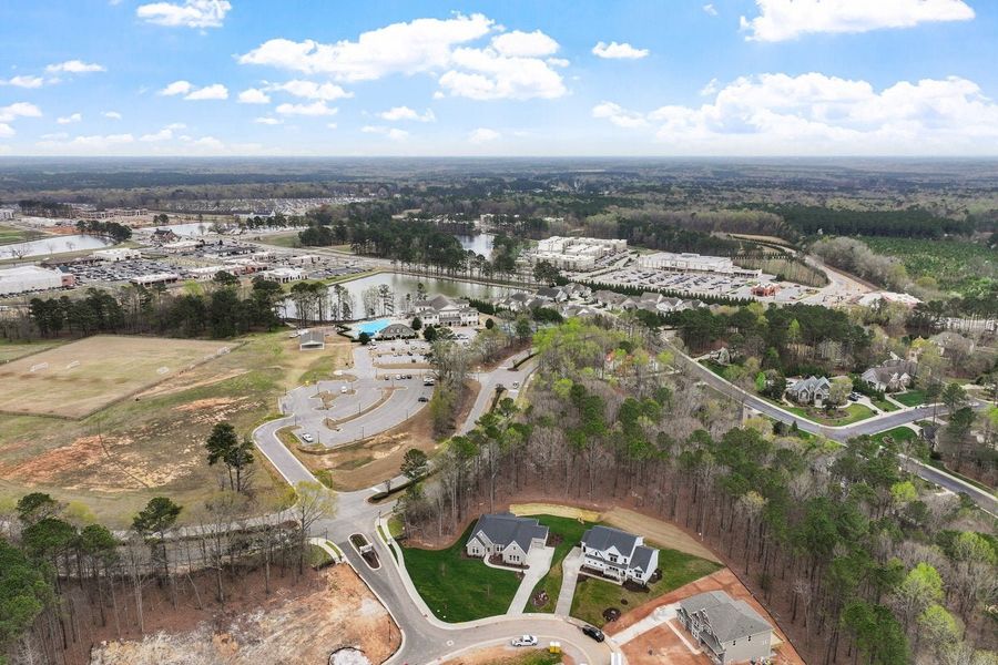 Aerial view of the Watson at Flowers Plantation community in Clayton, NC, showing layout and nearby surroundings (Image 20).